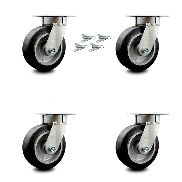 6 Inch Kingpinless Rubber on Aluminum Wheel Swivel Caster Set with Swivel Locks
